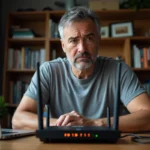 Homme frustré tentant d'accéder à l'interface 192.168.1.1 d'un routeur Wi-Fi après un reset usine