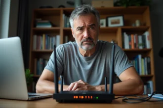 Homme frustré tentant d'accéder à l'interface 192.168.1.1 d'un routeur Wi-Fi après un reset usine