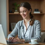 Professionnelle de santé accédant à sa messagerie Zimbra CHU Reims depuis son bureau à domicile