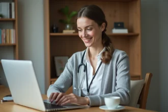 Professionnelle de santé accédant à sa messagerie Zimbra CHU Reims depuis son bureau à domicile
