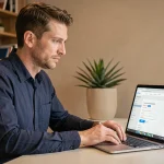Homme achetant des crédits CDN sur un site de téléchargement depuis son bureau à domicile