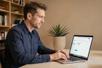 Homme achetant des crédits CDN sur un site de téléchargement depuis son bureau à domicile