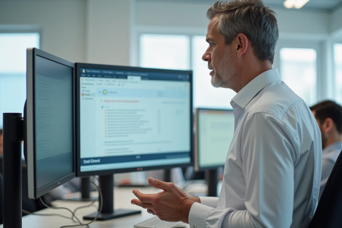 Administrateur informatique configurant des règles de filtrage de messagerie Zimbra sur un poste de travail à double écran en open space