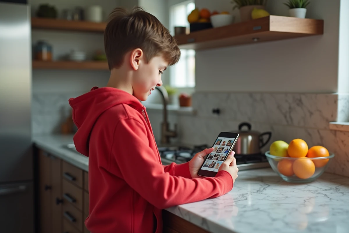 Adolescent organise photos dans la cuisine moderne