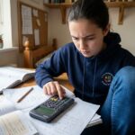 Adolescente utilisant une calculatrice scientifique Casio pour faire ses devoirs de mathématiques dans sa chambre