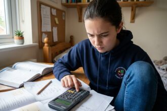 Adolescente utilisant une calculatrice scientifique Casio pour faire ses devoirs de mathématiques dans sa chambre