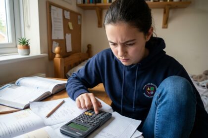 Adolescente utilisant une calculatrice scientifique Casio pour faire ses devoirs de mathématiques dans sa chambre
