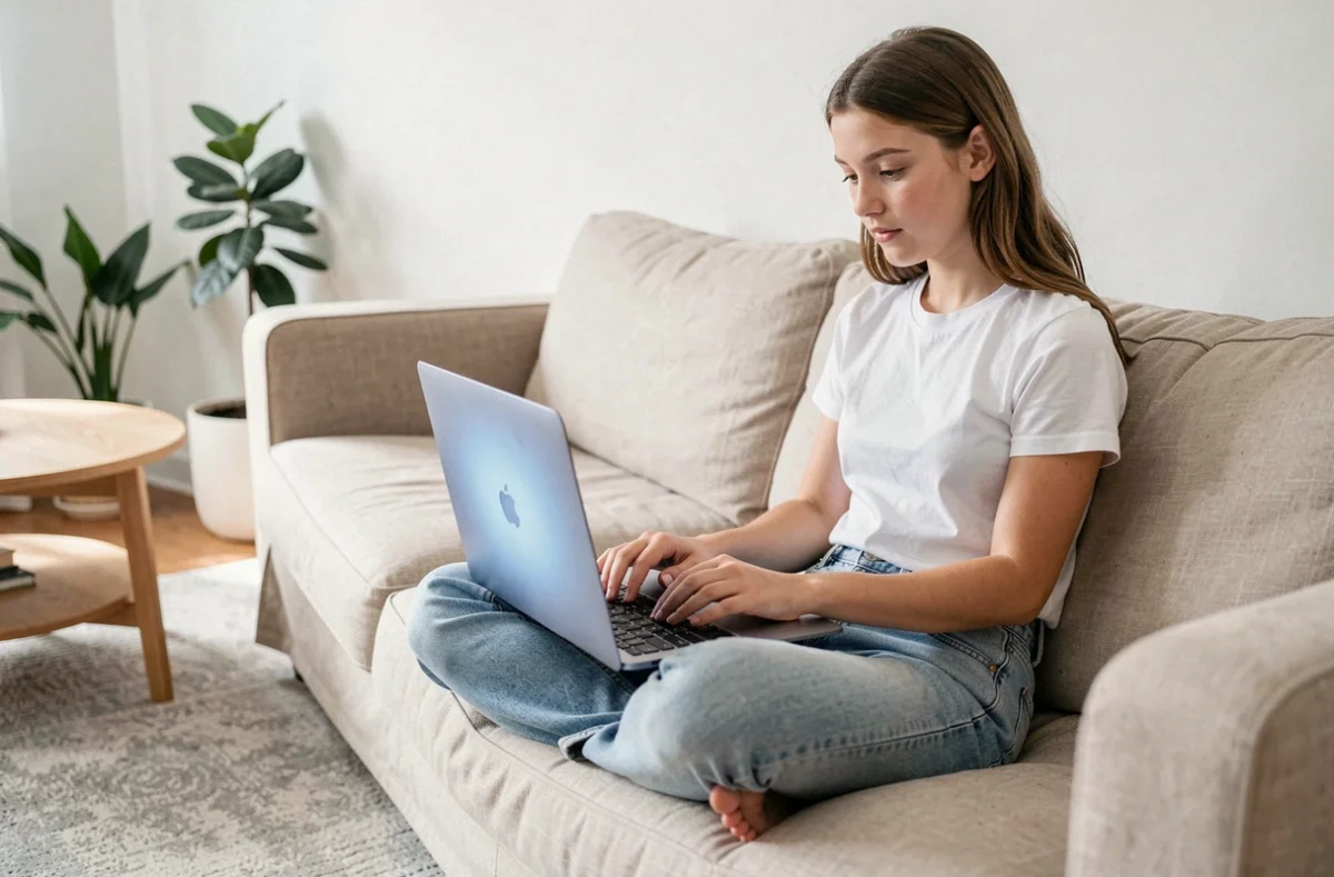 Adolescente installant et utilisant Skype sur un ordinateur portable dans un salon moderne