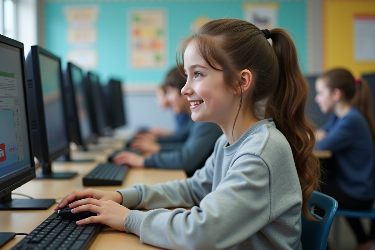 Adolescente utilisant un ordinateur dans une salle de classe animée