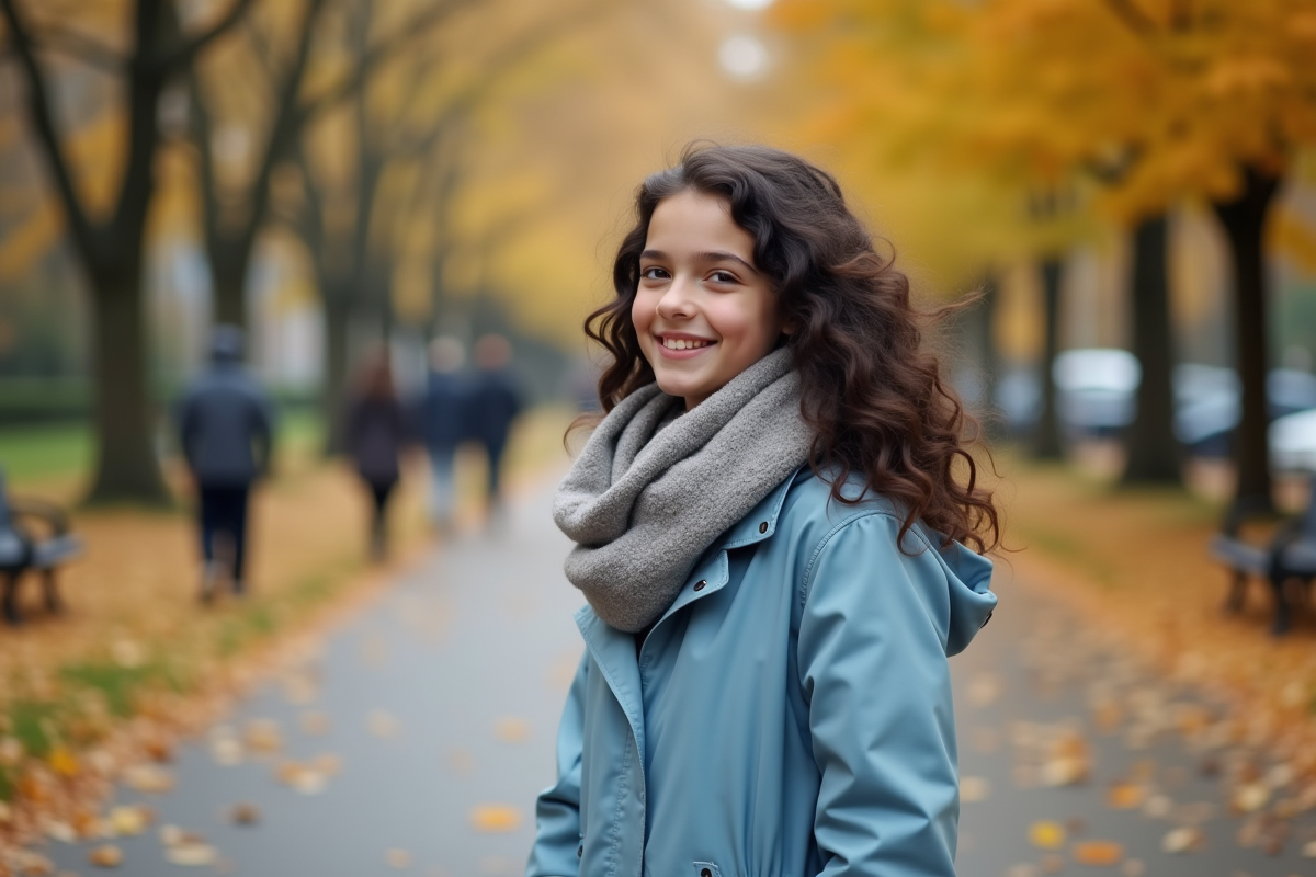 Adolescente souriante marchant dans un parc automnal