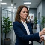 Une femme affiche un avis d'élections professionnelles sur un panneau d'information en entreprise