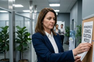 Une femme affiche un avis d'élections professionnelles sur un panneau d'information en entreprise