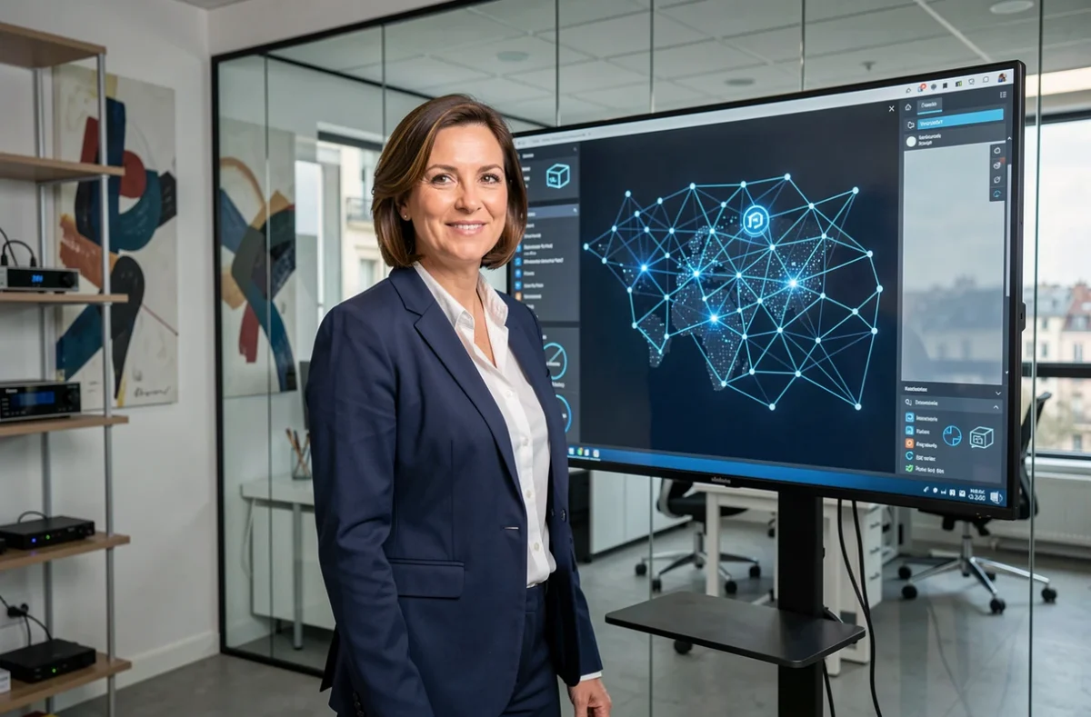 Consultante de l'agence Intelligence Artificielle Marseille présentant un modèle IA devant un écran de données dans un bureau moderne