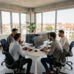 Équipe d'une agence spécialisée en intelligence artificielle dans les Bouches-du-Rhône travaillant sur des projets data et IA dans un open space moderne