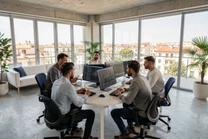 Équipe d'une agence spécialisée en intelligence artificielle dans les Bouches-du-Rhône travaillant sur des projets data et IA dans un open space moderne