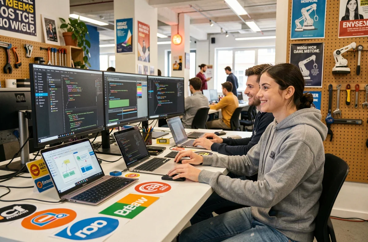 Deux ingénieurs d'AI Makers travaillant sur des modèles de machine learning et des visualisations d'automatisation dans un incubateur de startups marseillais