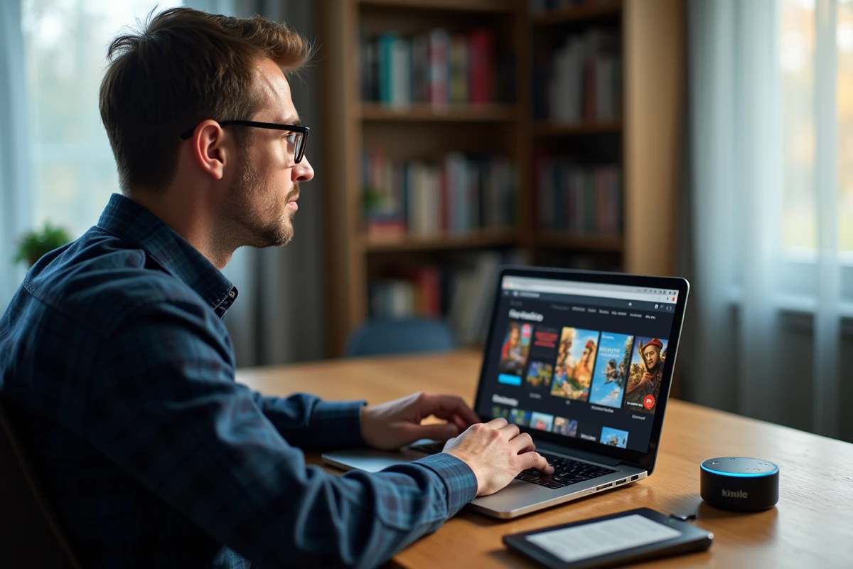 Homme accédant à Amazon Games Prime sur un ordinateur portable entouré d'appareils Amazon dans un bureau à domicile