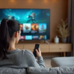 Femme utilisant Amazon Games Prime sur une Fire TV dans un salon moderne avec télécommande