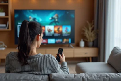 Femme utilisant Amazon Games Prime sur une Fire TV dans un salon moderne avec télécommande