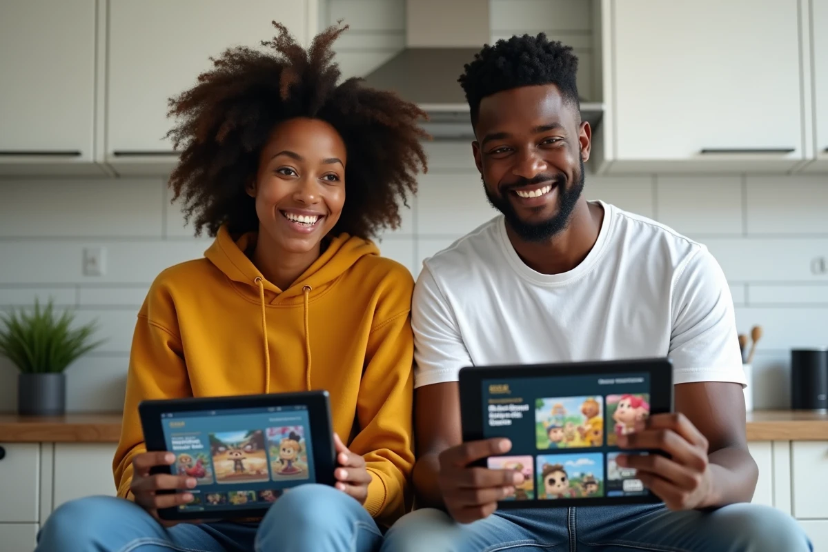 Deux utilisateurs explorant Amazon Games Prime sur tablettes Fire dans une cuisine avec appareils connectés Amazon
