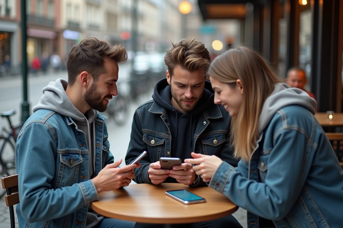 Groupe d'amis comparant plusieurs modèles de smartphones autour d'une table de café en ville