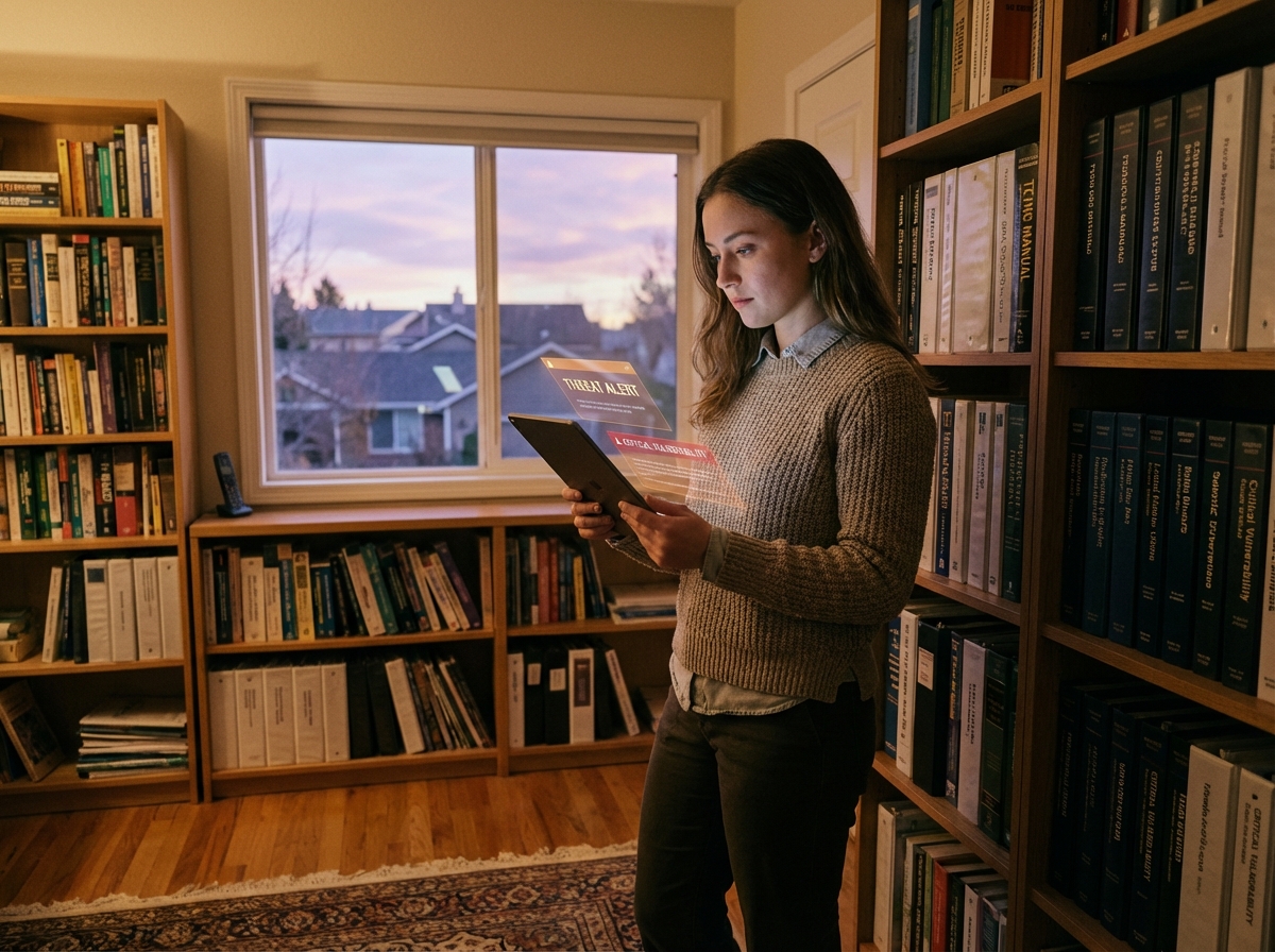 Jeune femme analyste cybersécurité avec tablette dans un bureau
