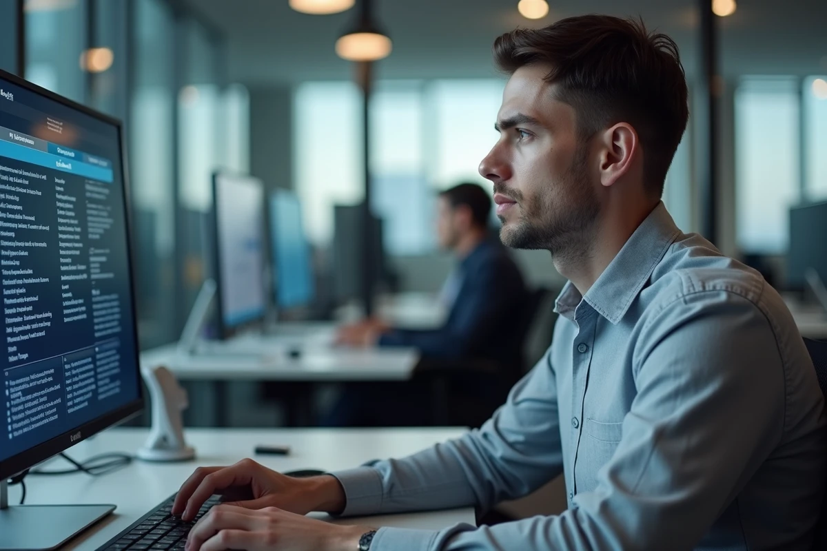 Analyste informatique étudiant un schéma explicatif des types de logiciels malveillants sur un grand écran de bureau
