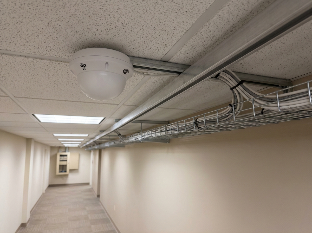 Antenne small cell 4G LTE montée sur un faux plafond dans un couloir de bâtiment commercial pour renforcer la couverture mobile intérieure