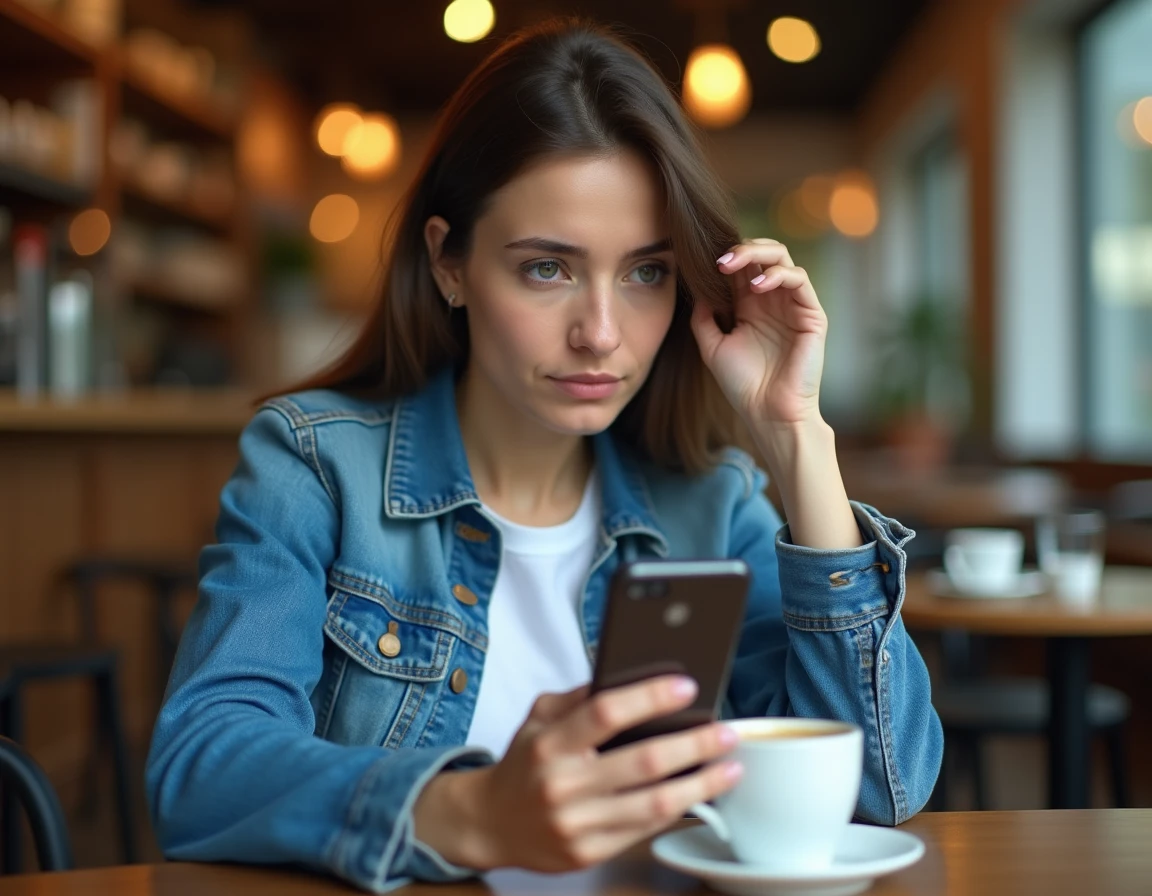Jeune femme méfiante consultant une application de musique sur son smartphone dans un café