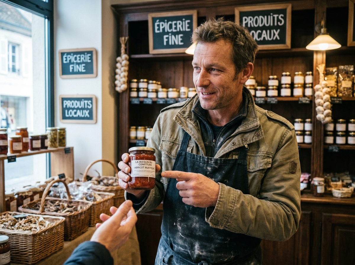 Artisan producteur présentant un pot de confiture artisanale à un client dans une épicerie fine traditionnelle