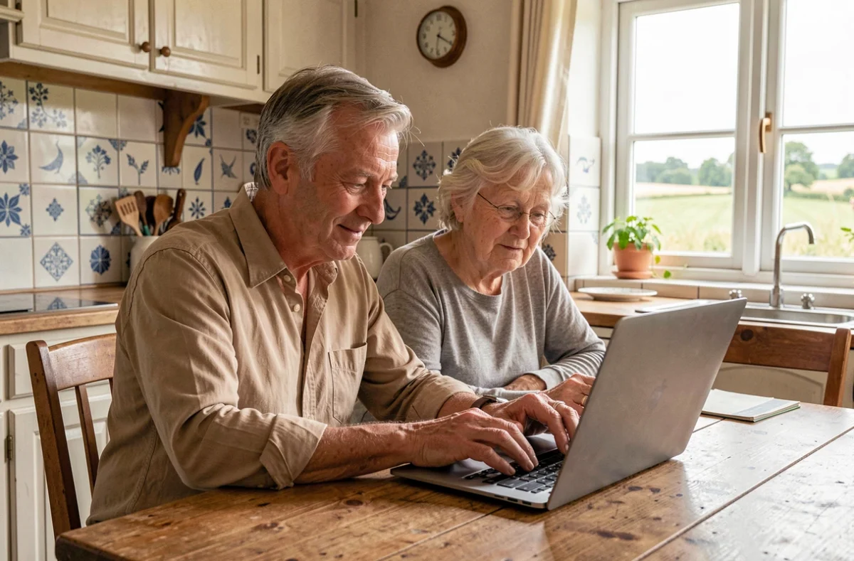 Technicien en assistance informatique et internet à domicile aidant une personne âgée dans une maison rurale des Landes