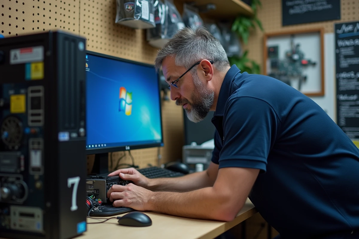 Technicien en atelier de réparation informatique configurant Windows 7 sur un ordinateur de bureau