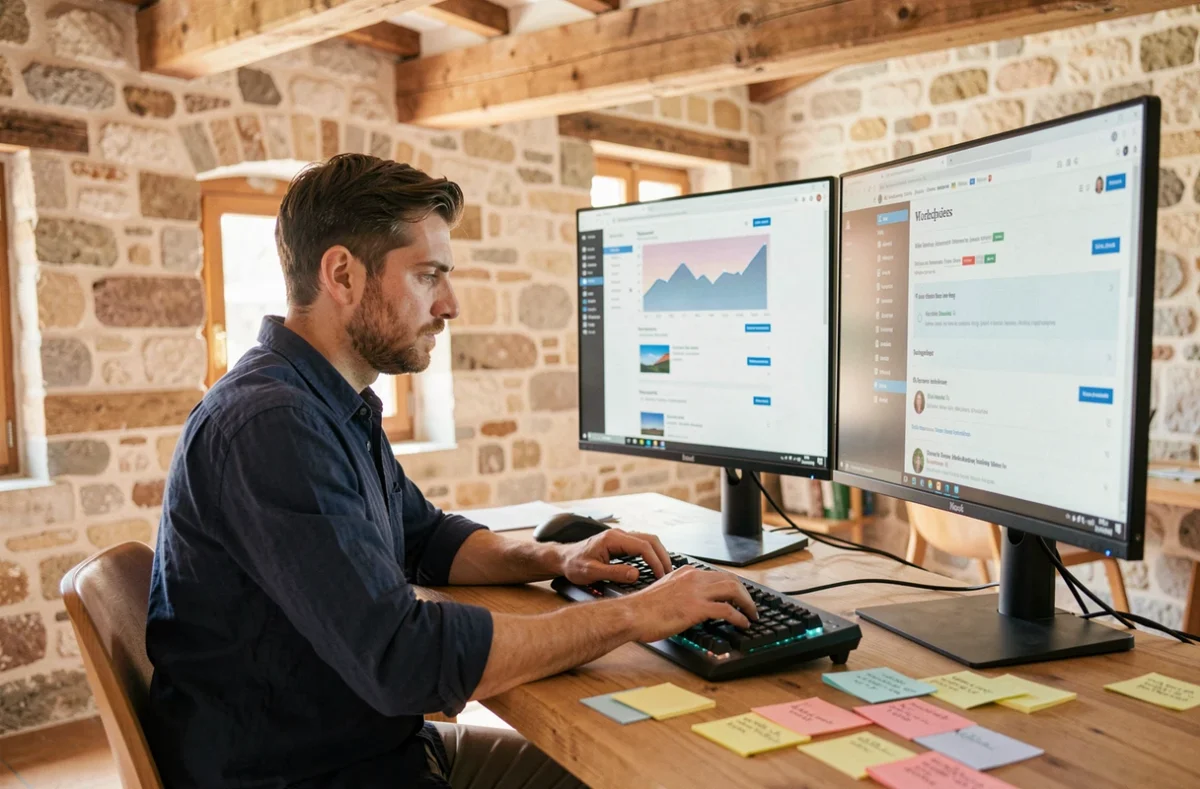 Développeur web de l'agence Attraptemps travaillant sur un site WordPress dans un studio au décor catalan typique de Perpignan