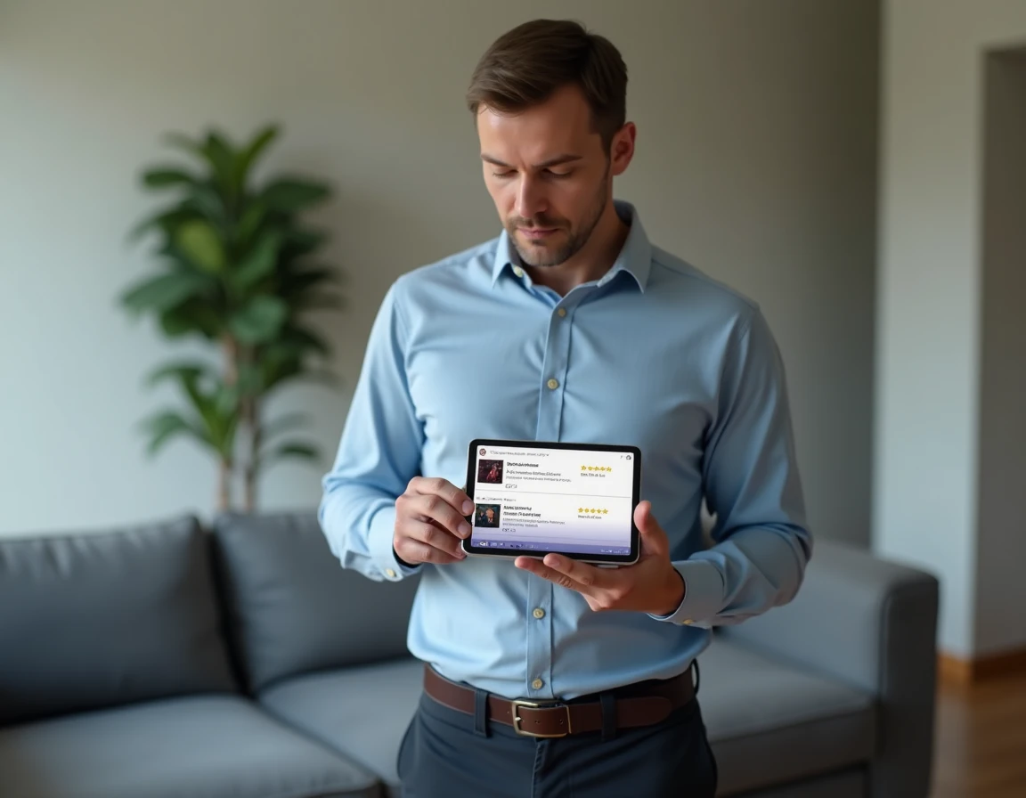 Homme lisant des avis sur un site de téléchargement de musique sur une tablette à domicile