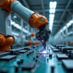 Bras robot industriel assemblant des composants électroniques