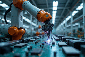 Bras robot industriel assemblant des composants électroniques