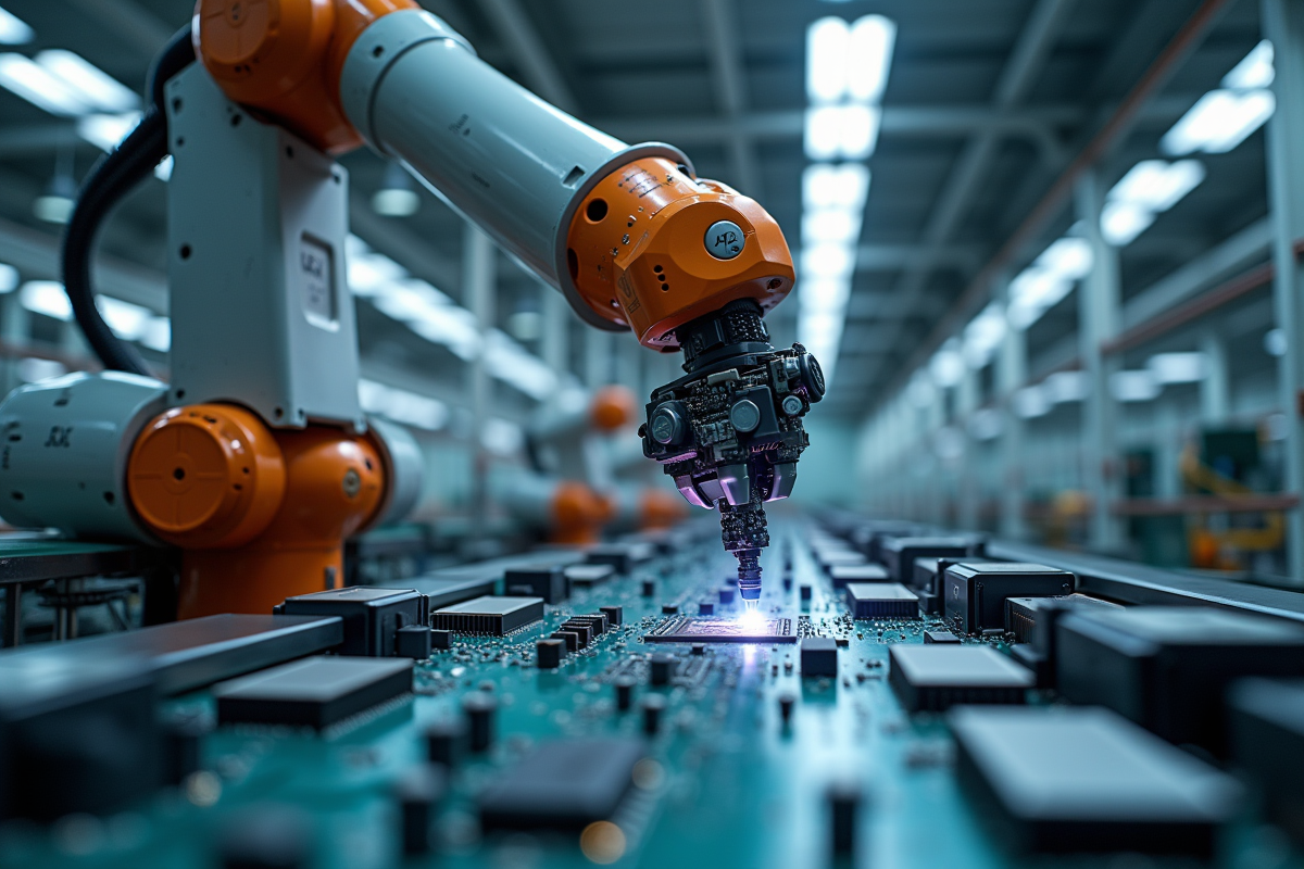 Bras robot industriel assemblant des composants électroniques