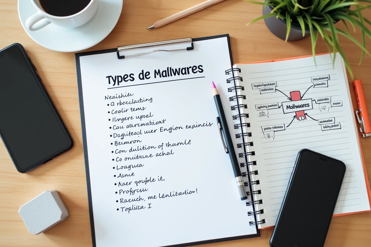 Vue aérienne d'un bureau d'étudiant avec fiches de révision annotées sur les catégories de malwares et carte mentale