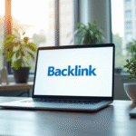 Espace de travail moderne avec écran affichant une page web avec un backlink en bleu