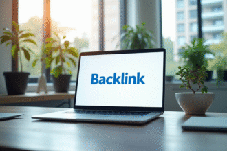 Espace de travail moderne avec écran affichant une page web avec un backlink en bleu
