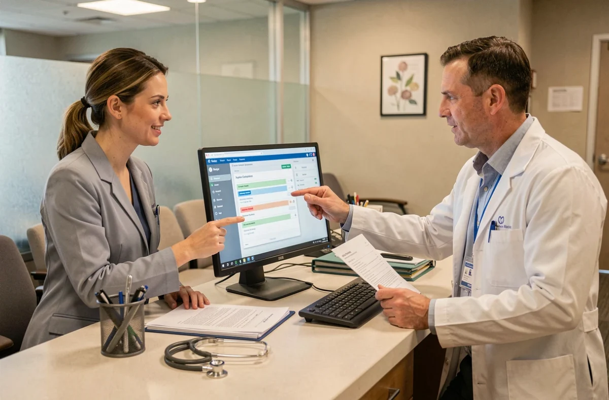 Radiologue et coordinatrice administrative collaborant sur une plateforme de téléconsultation dans un cabinet de radiologie