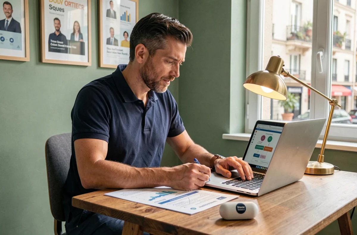 Consultant de Capsule Business analysant des flux d'automatisation métier sur ordinateur portable dans un bureau de style boutique