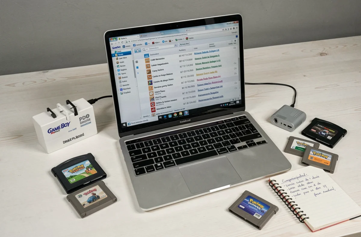 Cartouches GBA Pokémon et interface logicielle de gestion de ROMs en français sur un bureau minimaliste