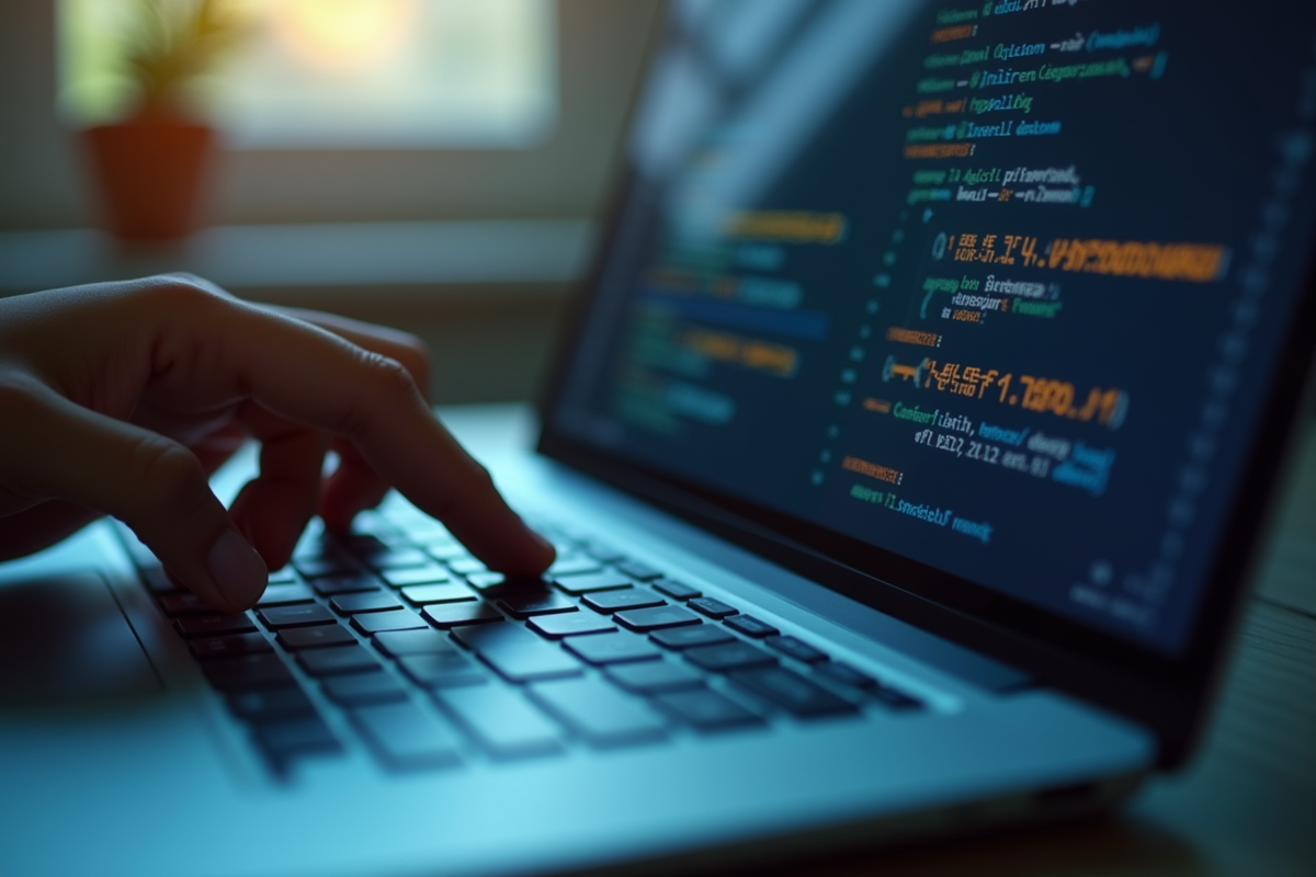 Gros plan sur clavier avec main appuyant sur les touches et code F34111009 en arrière-plan