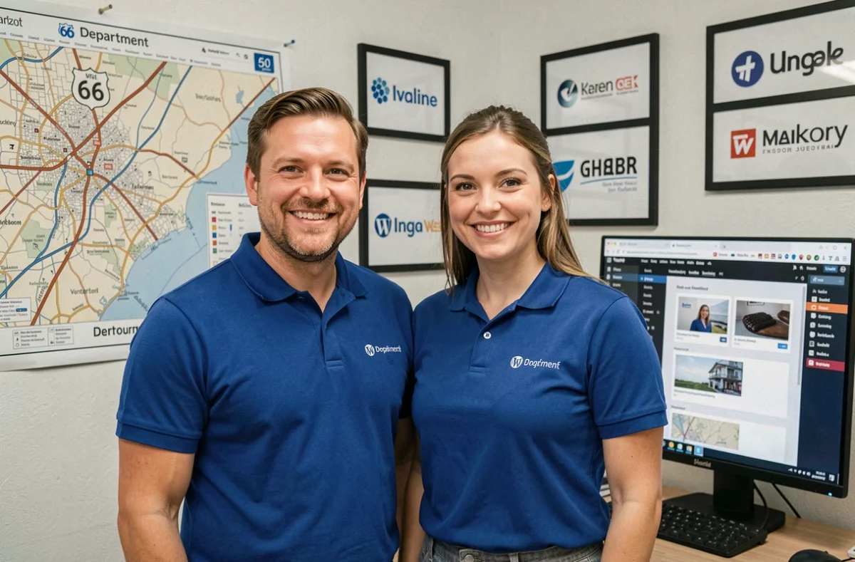 Équipe de Clic et Site 66 en polo bleu dans leur agence locale décorée d'une carte du département des Pyrénées-Orientales