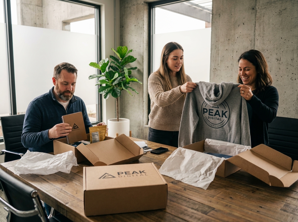 Trois collaborateurs ouvrant des kits de bienvenue avec des goodies d'entreprise personnalisés autour d'une table de réunion dans un bureau moderne