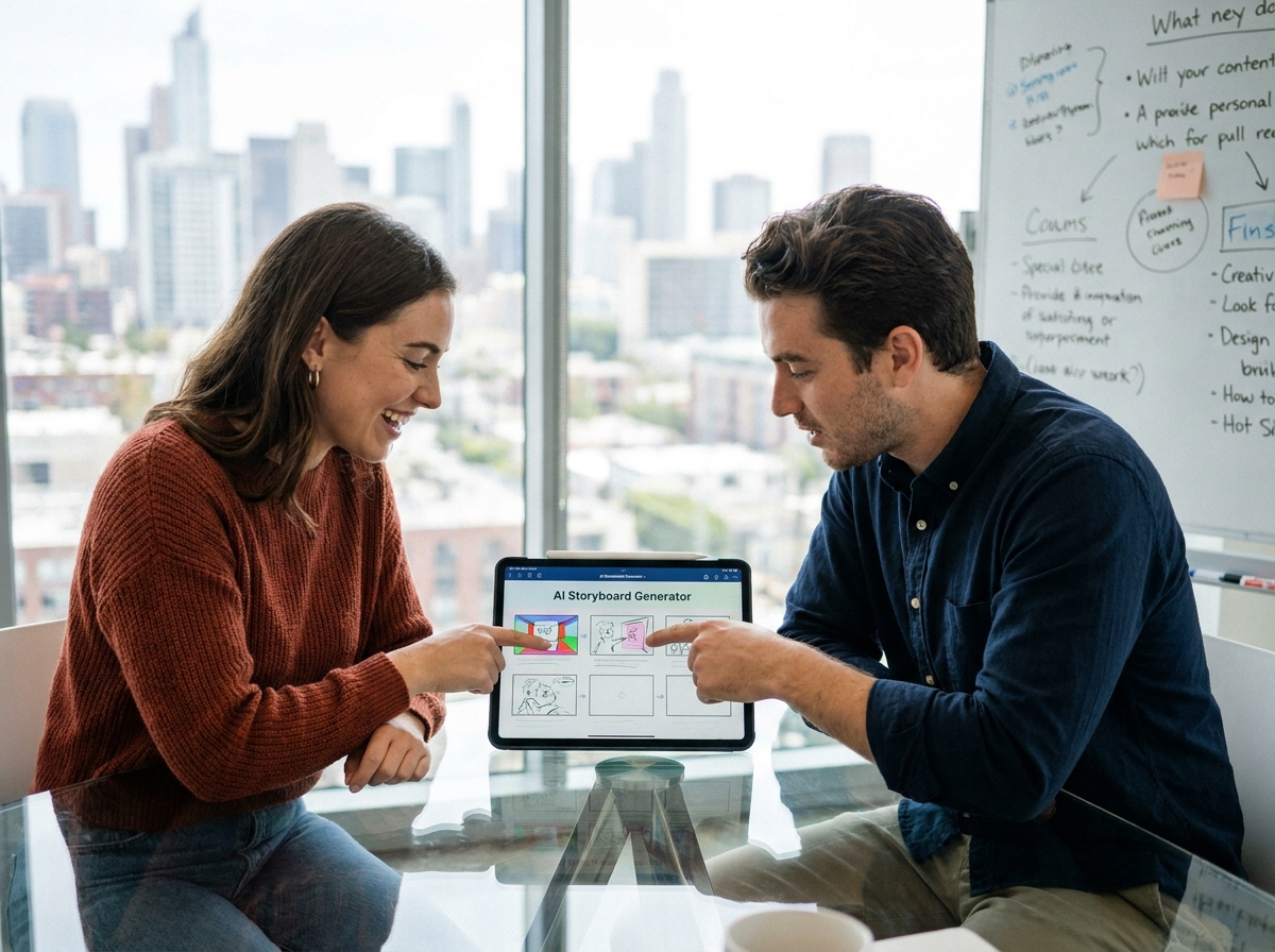 Deux professionnels créatifs collaborant autour d'un storyboard vidéo généré par intelligence artificielle sur une tablette en réunion