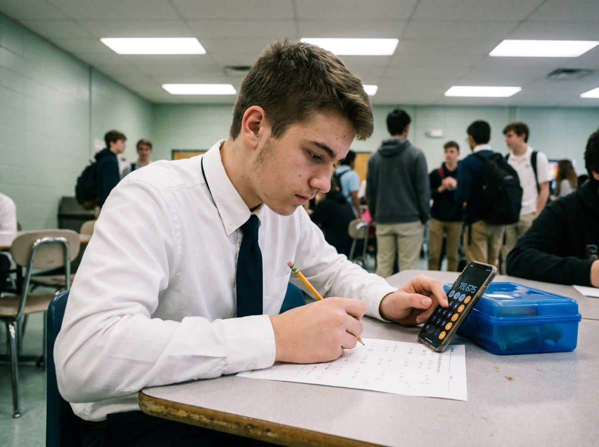 Collégien utilisant une application calculatrice sur smartphone pour résoudre des exercices de maths à la cantine scolaire