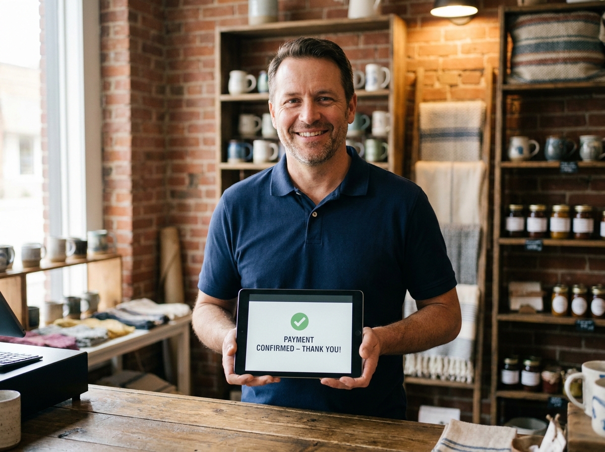 Commerçant artisan souriant après validation d'un paiement par lien sur tablette dans sa boutique