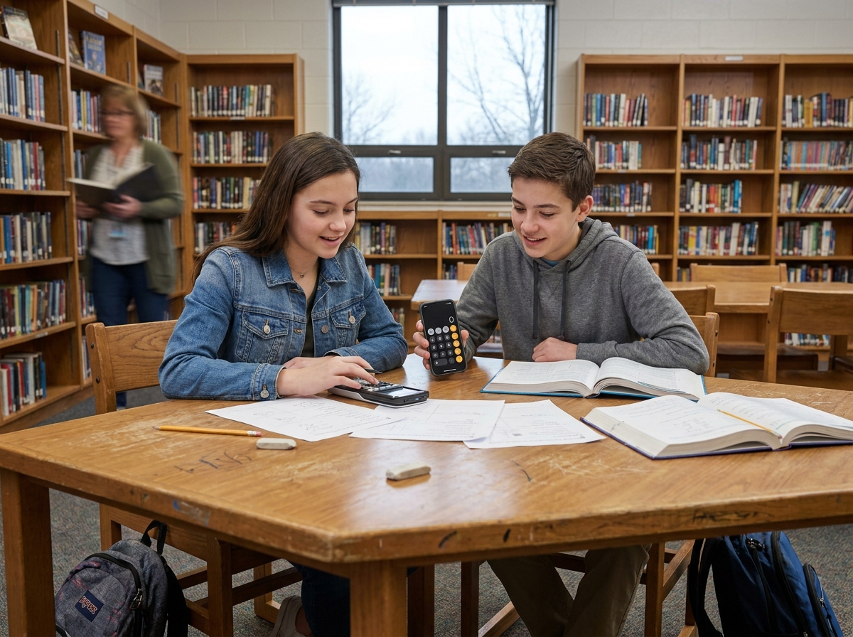 Deux collégiens comparant une calculatrice scientifique et une application smartphone pour faire leurs devoirs de mathématiques à la bibliothèque